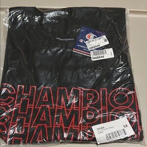 5X Champion Black Tee with Red Outlined Repeat Logo